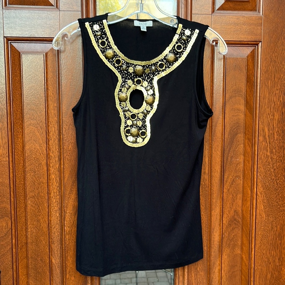 Cache Black Peek-a-Boo Top with Gold and Bronze Cleopatra Beading Sz M